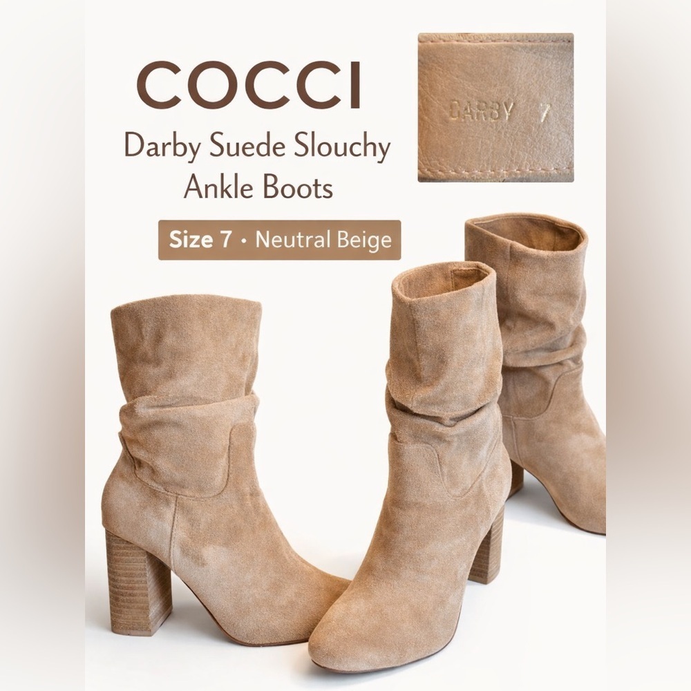 COCCI Darby Suede Slouchy Ankle Boots Block Heel Neutral Beige Size 7